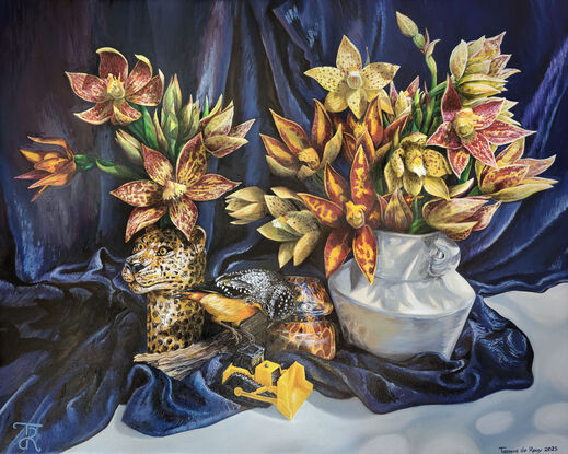 A leopard vase and a larger plain vase hold bunches of golden toned sun orchids while a little spotted pardalote sits on a log between the vases peering down at a little digger figurine. 