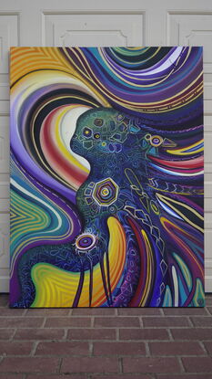 Abstract and colourful swirly lines and a main figure shape with darker tones in the centre and lighter tones on the outside. A very active and movement filled artwork. Gold pigment highlights run through the artwork for extra illumination when caught by the light. Acrylic painting on deep edge thick canvas with a black painted outside border, strung and ready to hang.