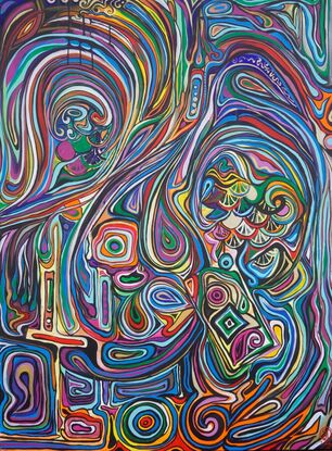 Colourful, swirly and expressive lines and shapes engulfing one another in chaotic harmony.