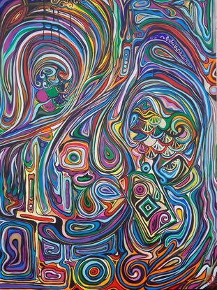 Colourful, swirly and expressive lines and shapes engulfing one another in chaotic harmony.