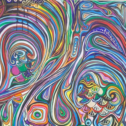 Colourful, swirly and expressive lines and shapes engulfing one another in chaotic harmony.