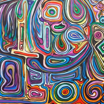 Colourful, swirly and expressive lines and shapes engulfing one another in chaotic harmony.