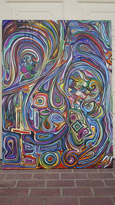 Colourful, swirly and expressive lines and shapes engulfing one another in chaotic harmony.