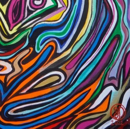 Colourful, swirly and expressive lines and shapes engulfing one another in chaotic harmony.