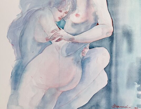 A watercolour painting of two female bodies embracing and holding each other, one meeting self. The colours are mixed shades of turquoise of blue, with hints of purple and pink. 