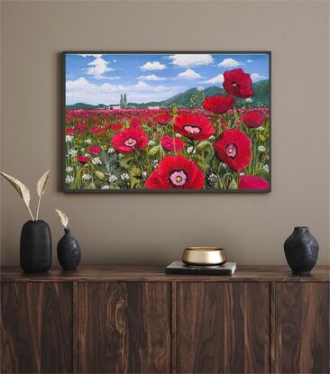 A breathtaking painting showcases a vast field blanketed with radiant red poppies, their petals vibrant and full of life. The poppies sway gently, creating a sea of red that seems to go on endlessly. Above, the sky is a brilliant shade of blue, providing a stark and beautiful contrast to the red below. The atmosphere is serene and peaceful, with the beauty of nature taking centre stage. The simplicity of the scene, devoid of any symbols or distractions, allows the viewer to immerse themselves fully in the tranquil beauty of the poppy field.