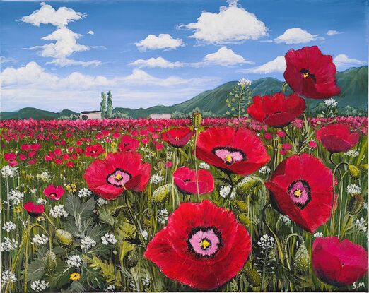 A breathtaking painting showcases a vast field blanketed with radiant red poppies, their petals vibrant and full of life. The poppies sway gently, creating a sea of red that seems to go on endlessly. Above, the sky is a brilliant shade of blue, providing a stark and beautiful contrast to the red below. The atmosphere is serene and peaceful, with the beauty of nature taking centre stage. The simplicity of the scene, devoid of any symbols or distractions, allows the viewer to immerse themselves fully in the tranquil beauty of the poppy field.