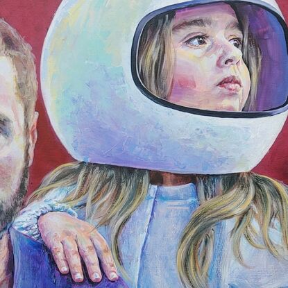 Acrylic on canvas portraits of father and daughter, who is wearing a space suit and a helmet