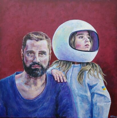 Acrylic on canvas portraits of father and daughter, who is wearing a space suit and a helmet