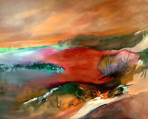 Abstracted landscape in oil on canvas, stretched and ready to hang.