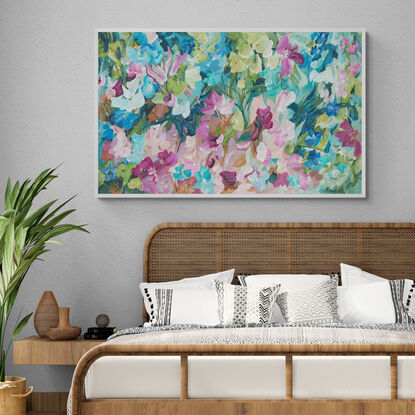 large modern impressionist style abstract flower painting in pinks, greens and blues.