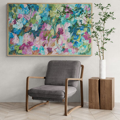 large modern impressionist style abstract flower painting in pinks, greens and blues.