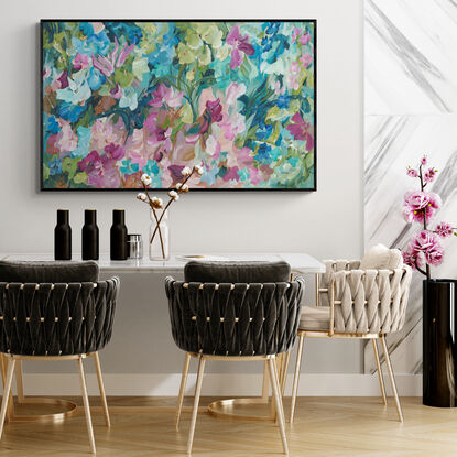 large modern impressionist style abstract flower painting in pinks, greens and blues.