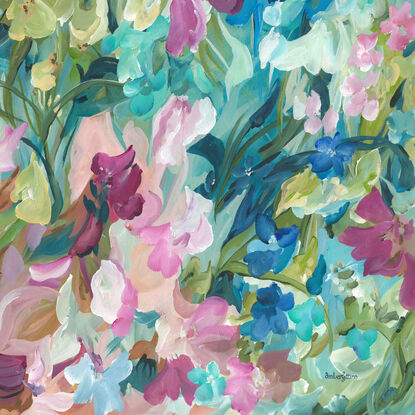 large modern impressionist style abstract flower painting in pinks, greens and blues.