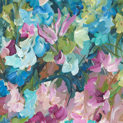 large modern impressionist style abstract flower painting in pinks, greens and blues.