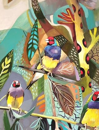 Abstract Australian plants and mountains with Gouldian finches.