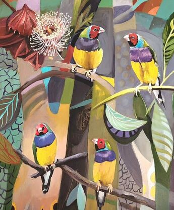 Abstract Australian plants and mountains with Gouldian finches.