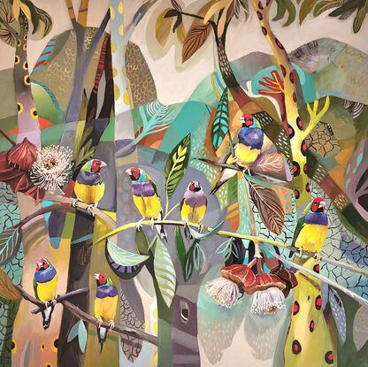 Abstract Australian plants and mountains with Gouldian finches.