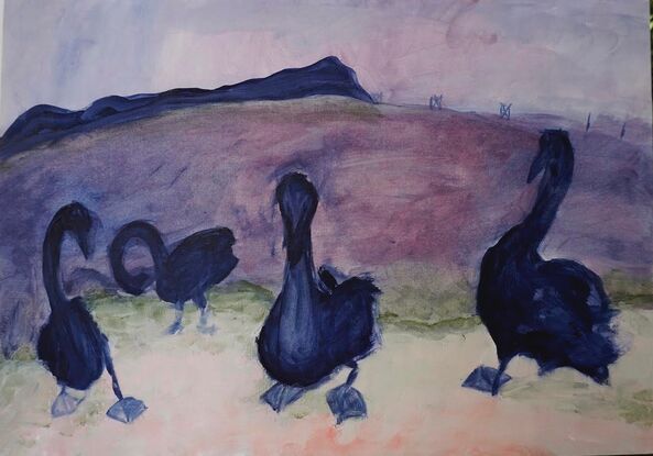 Four black swans standing together near the water's edge. In the background is a lake and a form of land along a curved horizon.