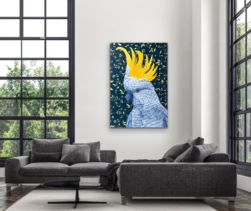 Sulphur crested cockatoo on a deep blue background with metallic gold floral design.