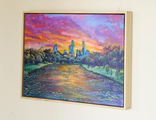 Overgrown futuristic fictional depiction of Melbourne's Yarra River with a sunset sky.