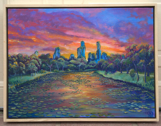 Overgrown futuristic fictional depiction of Melbourne's Yarra River with a sunset sky.