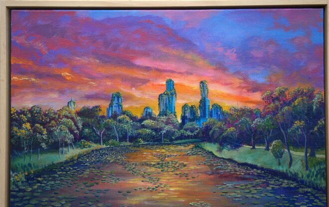 Overgrown futuristic fictional depiction of Melbourne's Yarra River with a sunset sky.