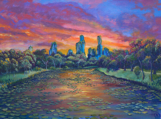 Overgrown futuristic fictional depiction of Melbourne's Yarra River with a sunset sky.