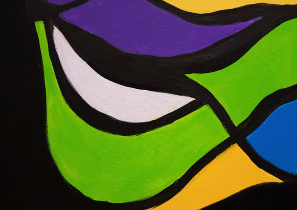 Large multi colour painting with strong stained glass effect on black back ground.