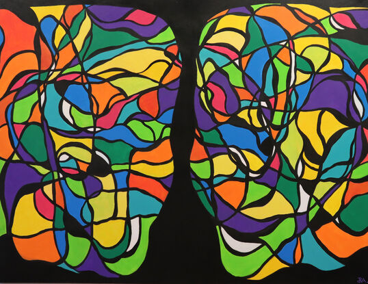 Large multi colour painting with strong stained glass effect on black back ground.