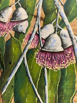 Pink eucalyptus blossoms, light, dark and torquise leaves and grey brunches on a piece of wood. The wood still has bark in the lower section. 