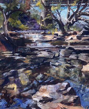 Rockpools, trees, large bridge behind