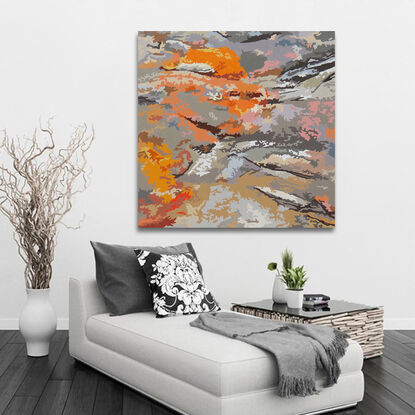 An abstract painting in acrylic involving hard edged, curved contours with highly stylized colours and shapes inspired by oxidised rock formations.