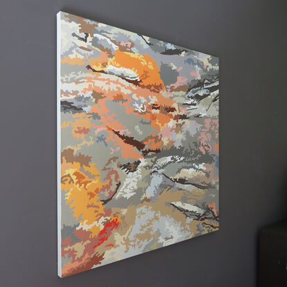 An abstract painting in acrylic involving hard edged, curved contours with highly stylized colours and shapes inspired by oxidised rock formations.