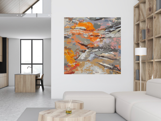 An abstract painting in acrylic involving hard edged, curved contours with highly stylized colours and shapes inspired by oxidised rock formations.