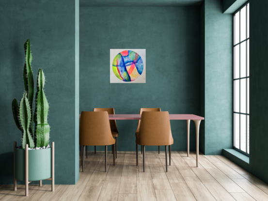 A circular artwork with a swirling pattern of ultramarine blue, pinks and lime green.