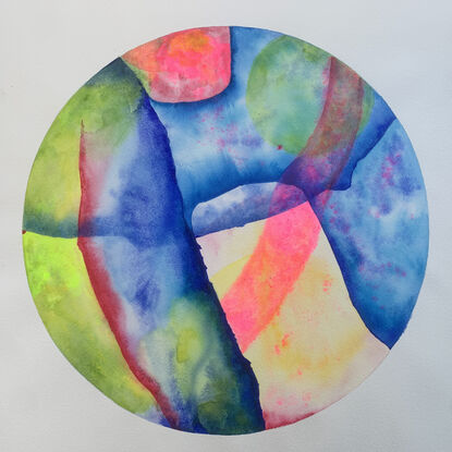 A circular artwork with a swirling pattern of ultramarine blue, pinks and lime green.