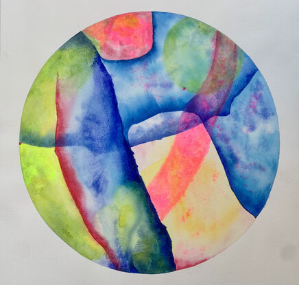 A circular artwork with a swirling pattern of ultramarine blue, pinks and lime green.