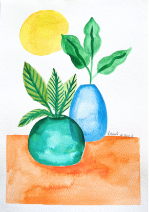 Watercolour Art #01 is the first artwork created by the artist and the start of a collection of original artworks on paper. This piece is a happy piece with vibrant colours and shapes.

This artwork is about plants soaking the sun on the balcony.

Watercolour art is about the practice the artist is stepping in while creating.

An every day practice, a weekly practice but no matter how often the artist is picking up the brushes, the colours, the papers, there is an introspection time right before the artwork can be produced. Not everything is going to be shared, but every piece of artwork is going to be felted.