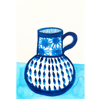 A dark blue vase on a light blue surface