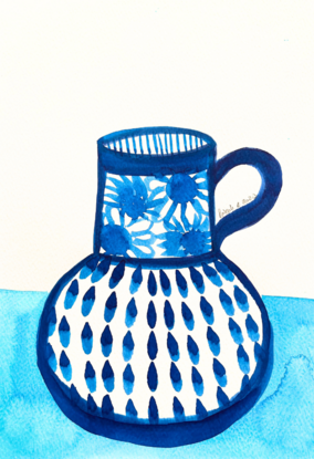 A dark blue vase on a light blue surface