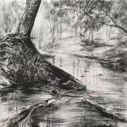 Capertee Reflections is a contemplative work crafted with charcoal and pastel, inviting viewers to immerse themselves in the serenity of the Capertee River in New South Wales. This tranquil scene, punctuated by fallen branches, she-oak trees, and grasses swaying in the foreground, beckons us to pause and reflect upon the changing moods of this majestic river. Capertee Reflections is not merely a snapshot frozen in time; it is a meditation on the intricate dance between humanity and the natural world. As we stand on the banks of this serene river, we remember recent floods and we are prompted to consider our role in shaping its behaviour. The encroaching effects of climate change and the frequency of devastating storms loom over our collective conscience. This artwork invites us to contemplate our responsibility to safeguard the delicate ecosystems that rivers like the Capertee sustain.