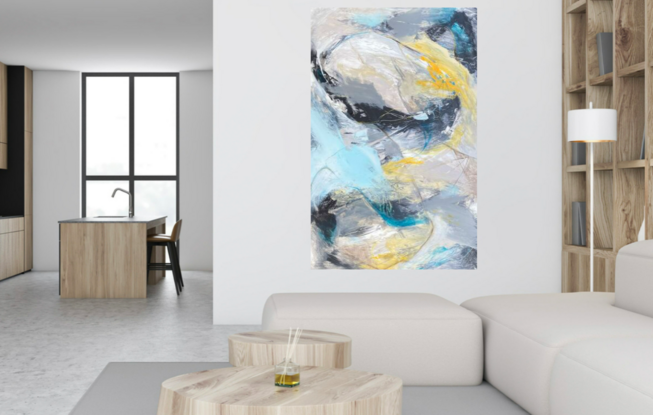 Flowing brushtrokes, abstract organic shapes intersected with drawn lines in neutral colours accented with blues and gold.