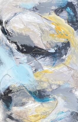 Flowing brushtrokes, abstract organic shapes intersected with drawn lines in neutral colours accented with blues and gold.