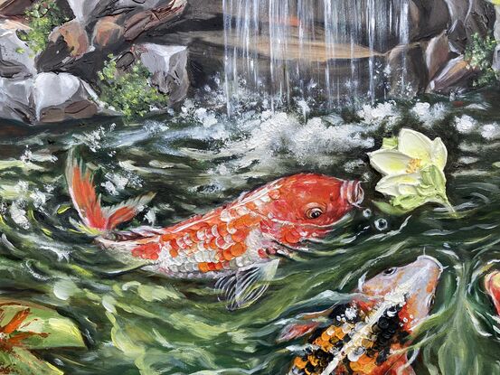 I have been dreaming of having a small Japanese  garden in our backyard. This painting depicts what I have in mind. A water feature with water lilies, and six koi fishes with different colours. Hope this dream will come true one day.