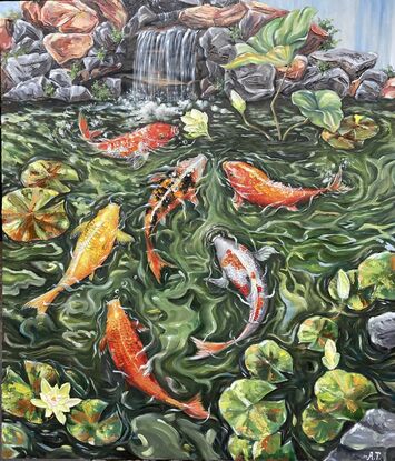 I have been dreaming of having a small Japanese  garden in our backyard. This painting depicts what I have in mind. A water feature with water lilies, and six koi fishes with different colours. Hope this dream will come true one day.