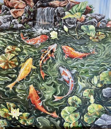 I have been dreaming of having a small Japanese  garden in our backyard. This painting depicts what I have in mind. A water feature with water lilies, and six koi fishes with different colours. Hope this dream will come true one day.