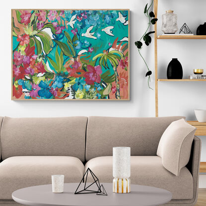 modern colourful tropical flower and bird abstract landscape painting 