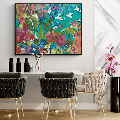 modern colourful tropical flower and bird abstract landscape painting 