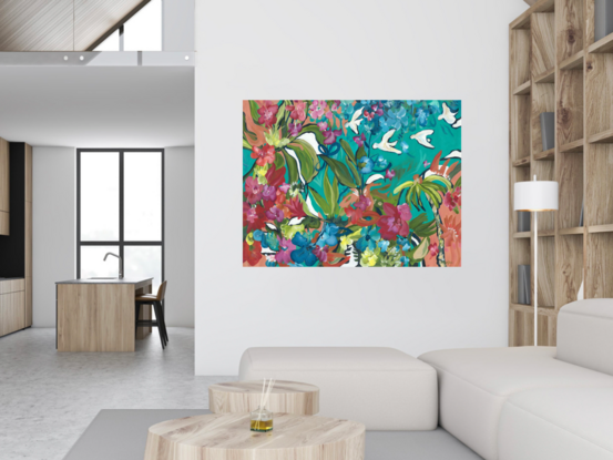 modern colourful tropical flower and bird abstract landscape painting 